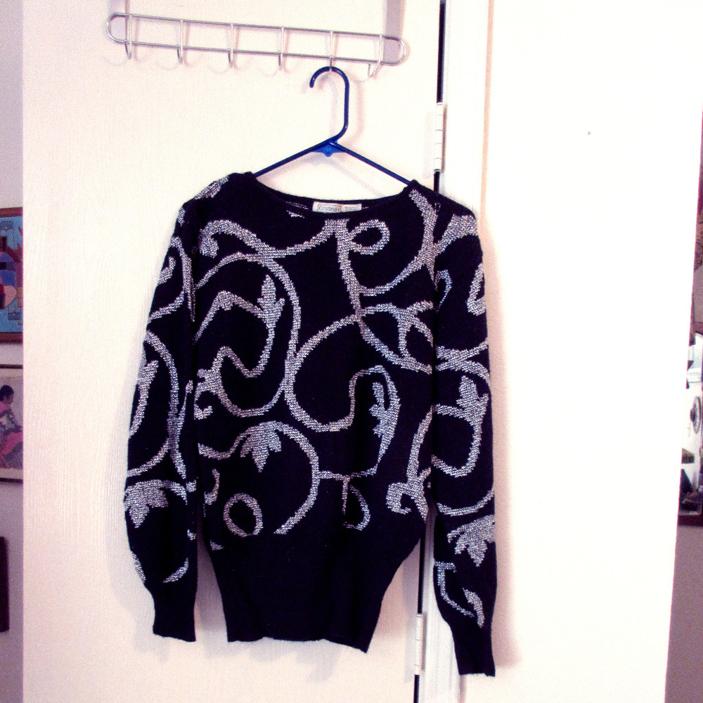 CRISTINA'S SILVER METALLIC BLACK SWEATER Medium
